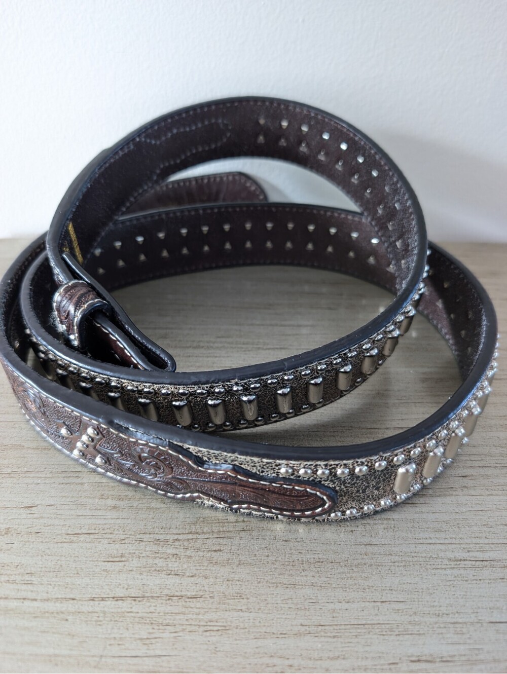 Ariat Tooled Embossed Studded Brown Leather Belt A1012602 Men's Size 46